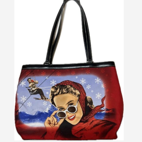 Vintagag Handbag Woman/Ski Slope Red Graphics Sequins/Front 2 Zip Compartments+ - Picture 2 of 6